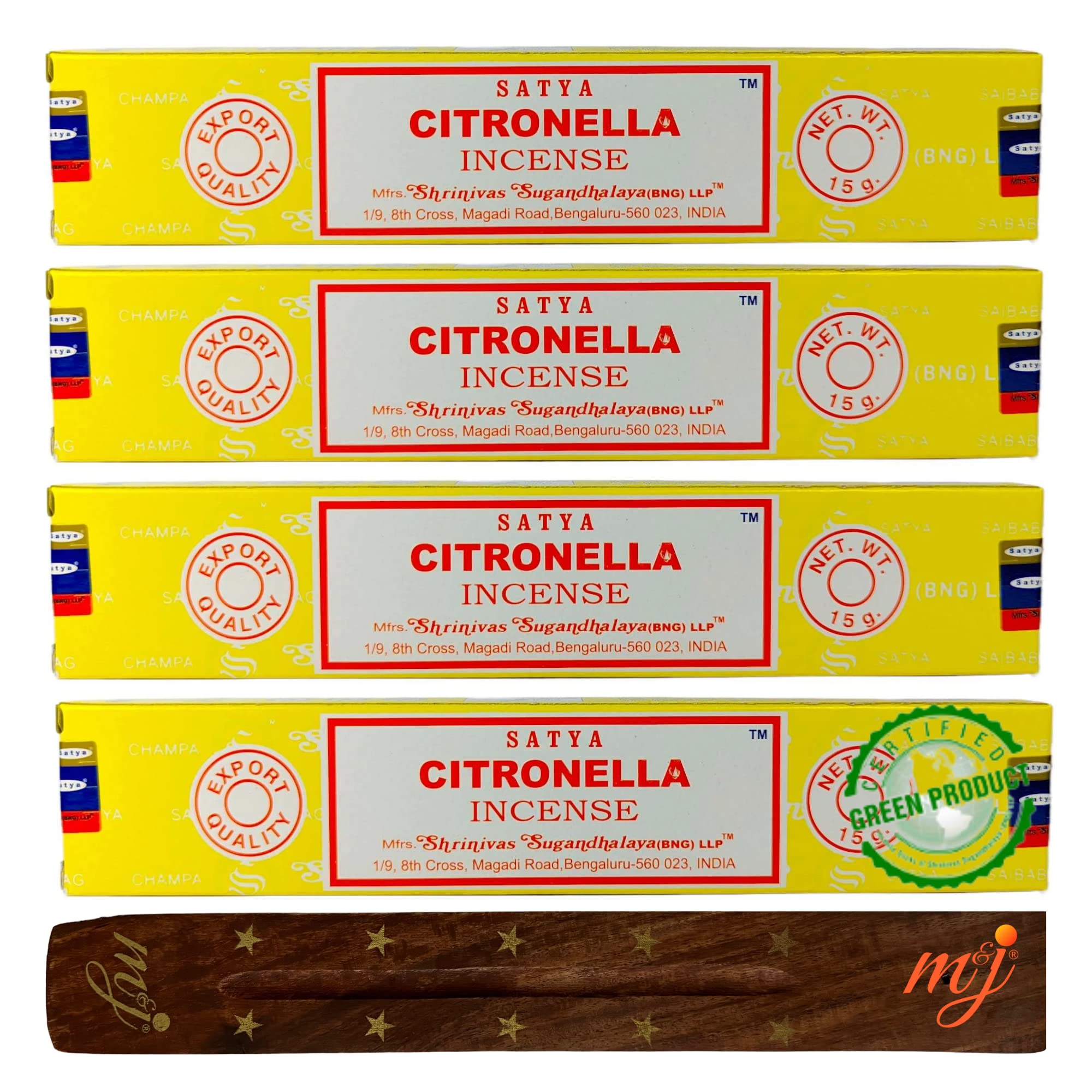 Original Satya Nag Champa Citronella Incense Sticks | with M&J incense sticks holder | x4 pack | for Aromatherapy, Spa, Yoga, Weddings, Meditation, Healing, Positivity and Relaxation — image 1