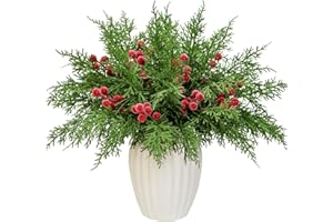 KUNJOCY Set of 40 Artificial Pine Branches Christmas Holly Berries Stems Faux Evergreen Cedar Sprigs Craft Winter Greenery Frosted Berry Picks Holiday Christmas Tree Vase Fillers Decorations (Green & Red)