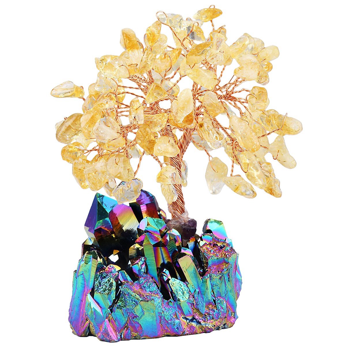 mookaitedecor Natural Citrine Crystal Money Tree,Gemstone Feng Shui Ornaments Tree of Life Figurines,Titanium Coated Rainbow Stone Cluster Base