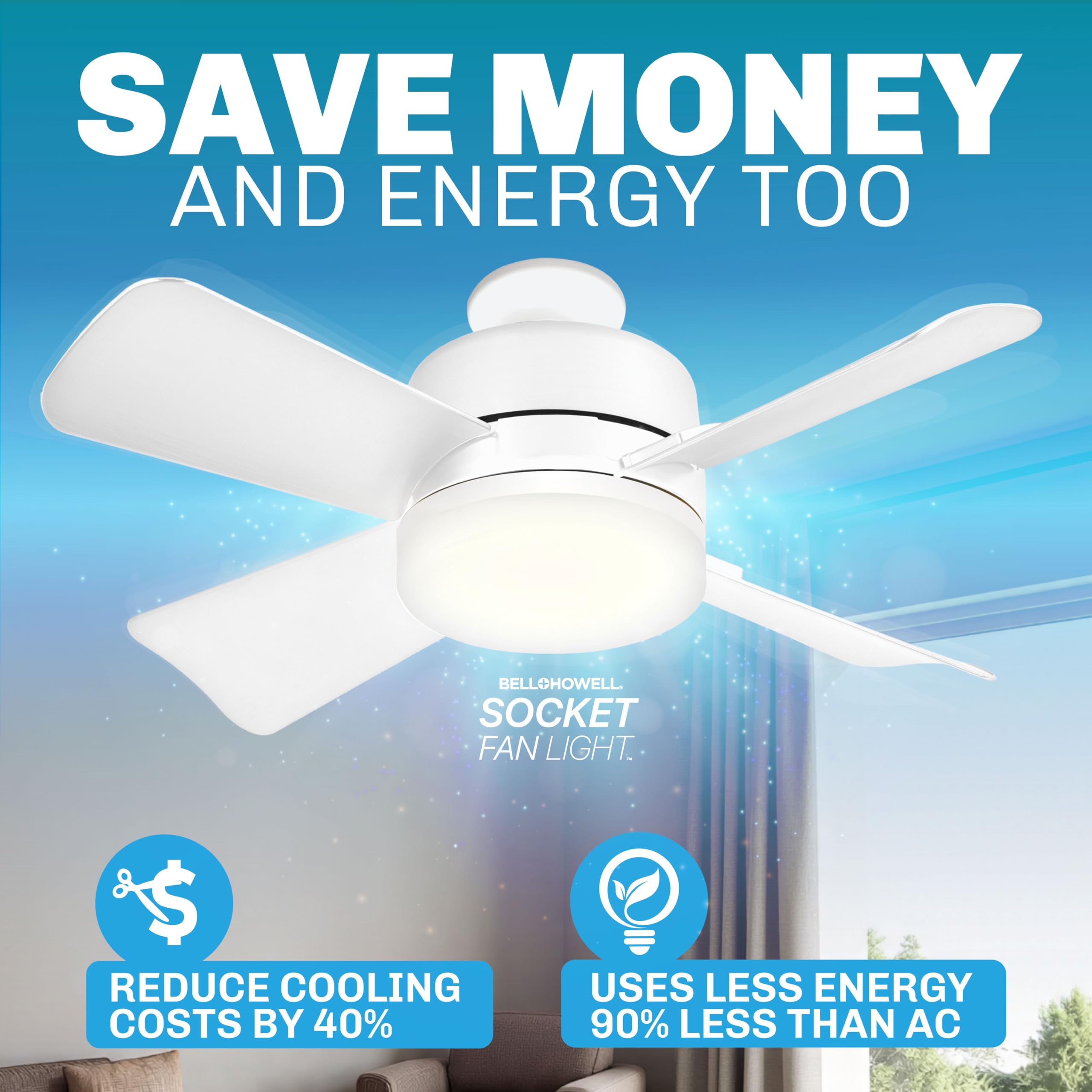 Bell+Howell Socket Breeze Socket Fan Light with Remote, Portable Small Ceiling Fans with Lights for Bedroom, Kitchen, Living Room, Ceiling Fan with Light 3500K, 1000 Lumens, Screws into E26/E27