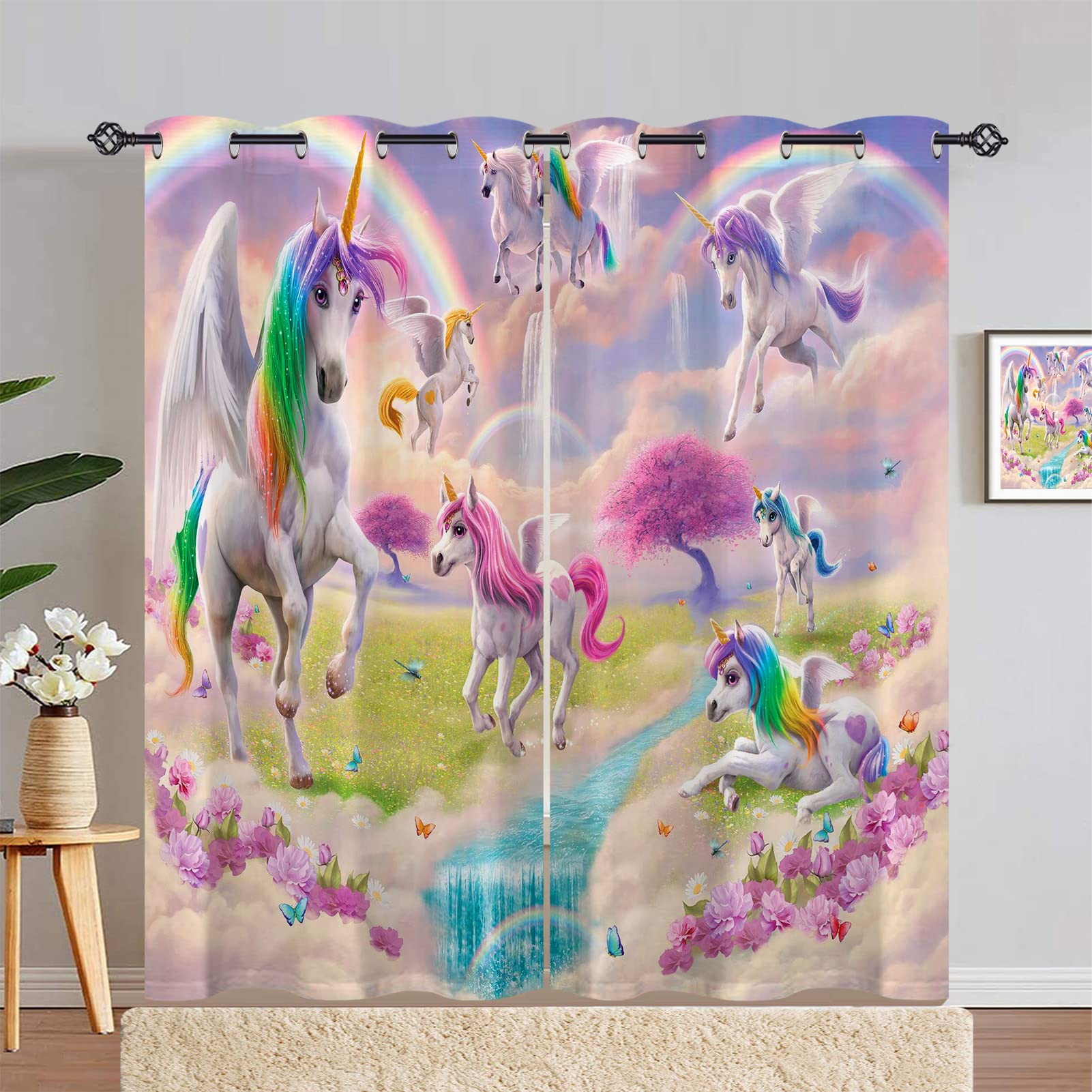 ANHOPE Unicorn Curtains Eyelet Ring Top Thermal Insulated 80% Blackout Curtains with Rainbow Unicorn Flower Print Pattern Window Drapes for Kids Girls Bedroom Living Room 46 x 90 Inch Drop 2 Panels