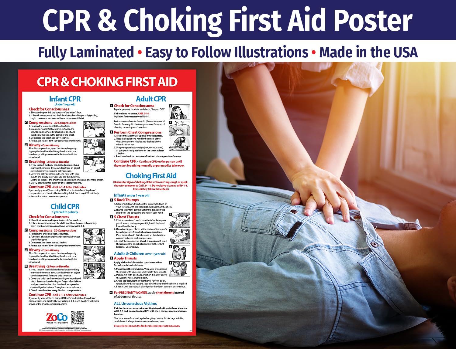Safety Magnets CPR and Choking Posters for Infant, Child, Adult - Laminated, 12 x 18 in.