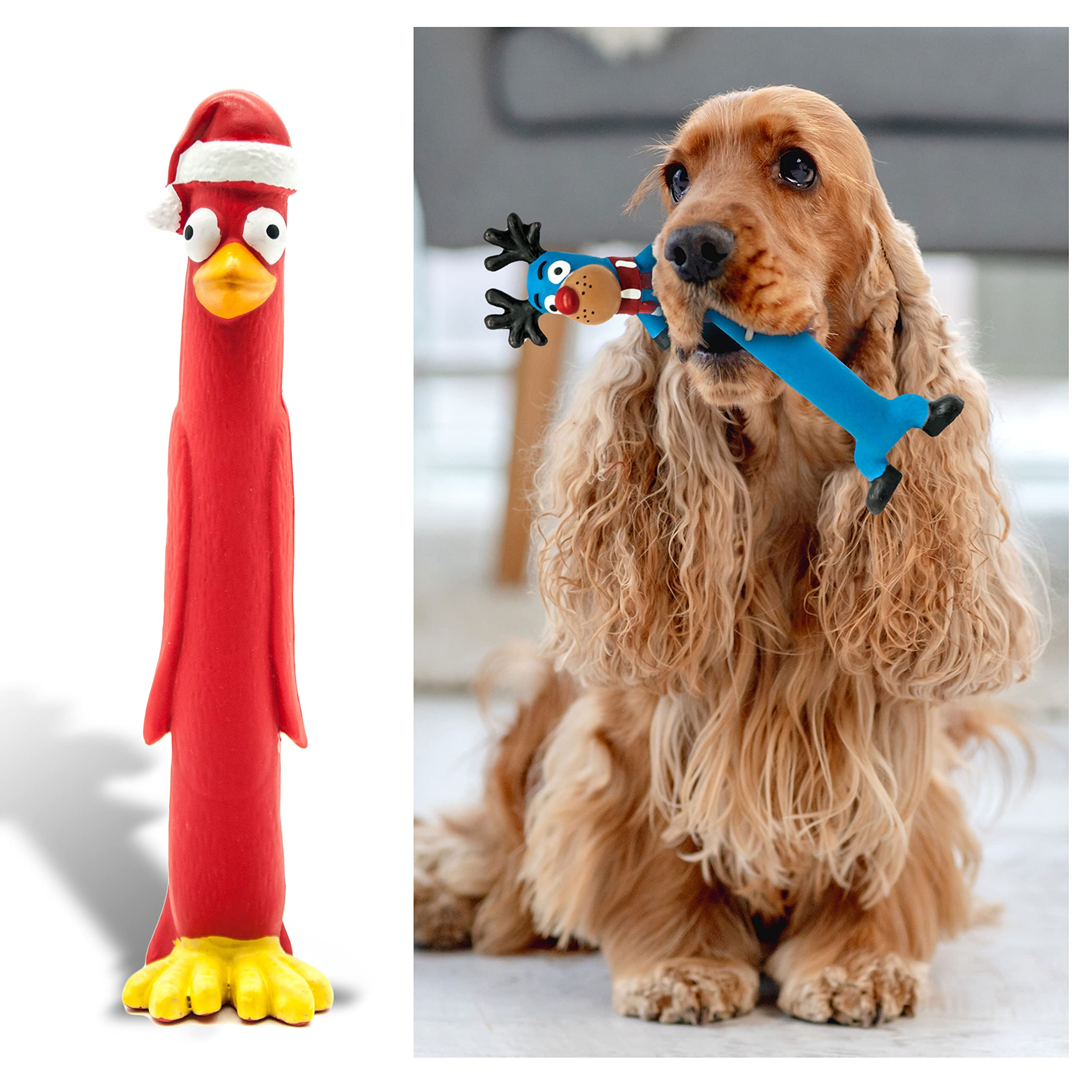 Petopedia 10 inches Long Squeaky Reindeer Rudolph Teething LATEX Puppy Toys - Fetch Interactive Dog Gifts for Boredom – Small & Medium Dogs Presents (Red, Penguin)