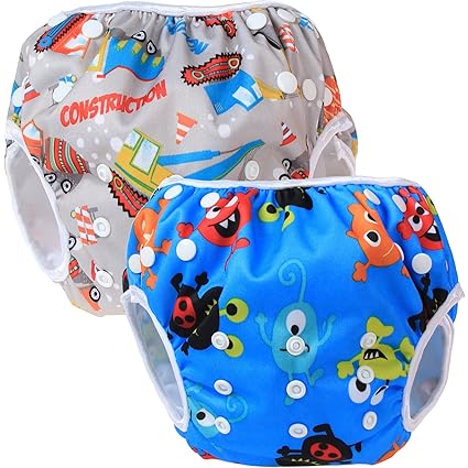 Teamoy 2-teilig Baby Schwimmhose Badewindelhose Badehose (Construction+ Happy Night)