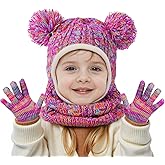 HONGTEYA Toddler Winter Hat Scarf Glove Set, Unisex Baby Kids Velvet Lined Knitted Hat with Neck Warmer for Cold Weather