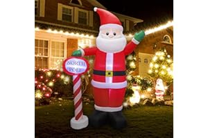 MorTime 8 FT Christmas Inflatable Santa Claus with Guidepost, Blow up Lighted Giant Wave Santa Claus North Pole with LED Lights Yard Decoration Party Display for Xmas Outdoor Decorations