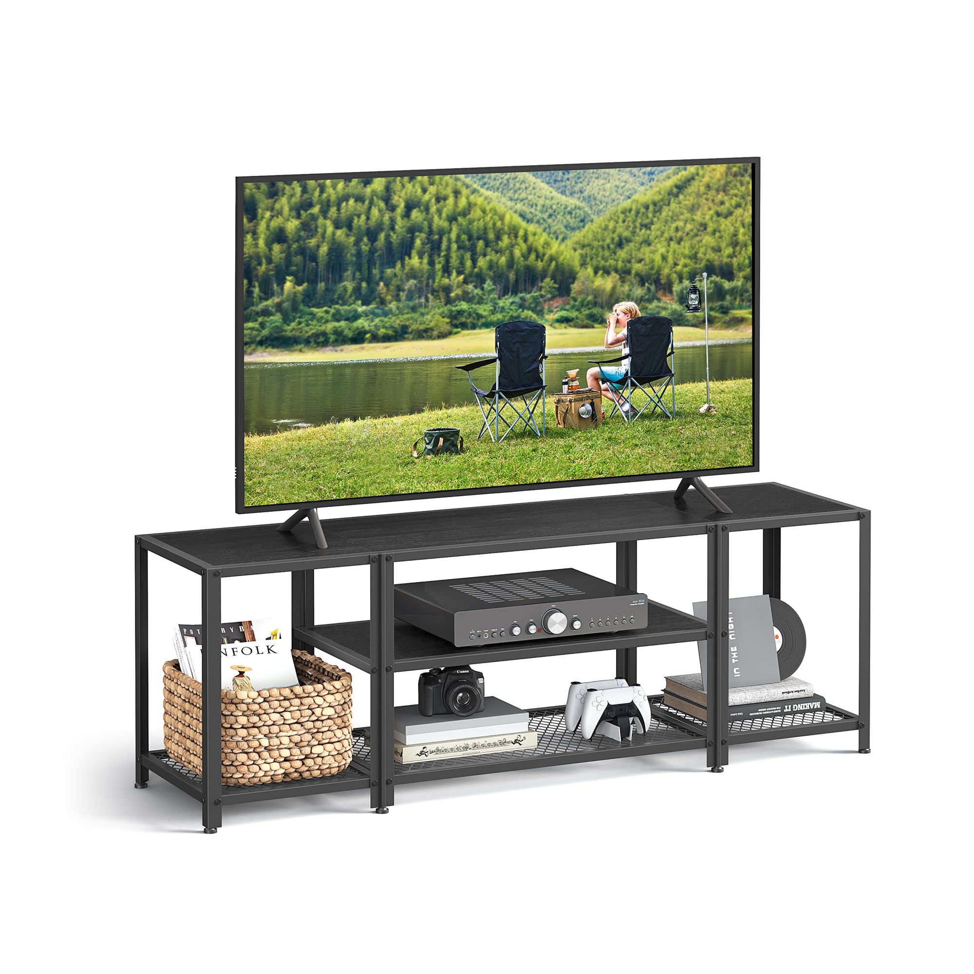 VASAGLE Modern TV Stand for TVs up to 65 Inches, 3-Tier Entertainment Center, Industrial TV Console Table with Open Storage Shelves, for Living Room, Bedroom, Black with Wood Grain ULTV097B22 Image VASAGLE Modern TV Stand for TVs up to 65 Inches, 3-Tier Entertainment Center, Industrial TV Console Table with Open Storage Shelves, for Living Room, Bedroom, Black with Wood Grain ULTV097B22 Image