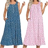 Ekouaer 2 Pack Nightgowns for Women Sleeveless Long Night Gowns Victorian Nightdress with Pockets Soft Ladies Gown