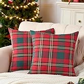 Red Tartan Plaid Christmas Throw Pillow Covers 18x18 Set of 2, Outdoor Farmhouse Red Christmas Decor Throw Pillows 18 x 18 Inch, Vintage Xmas Decorative Pillow Covers for Home Couch Sofa and Bed