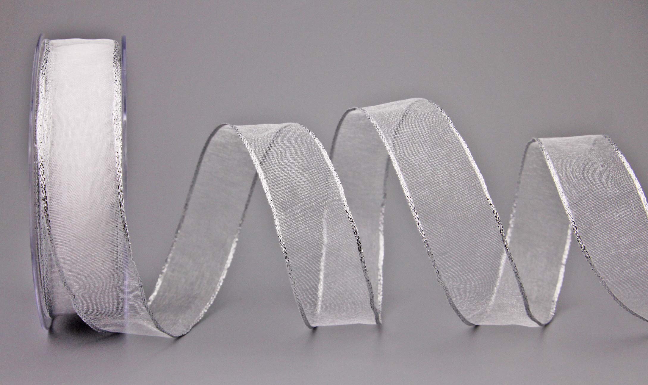 Finemark Chiffon Ribbon Organza with Silver Edge Shiny Transparent Wire Festive Decoration Christmas, White mit Silberkante, 20 m x 25 mm