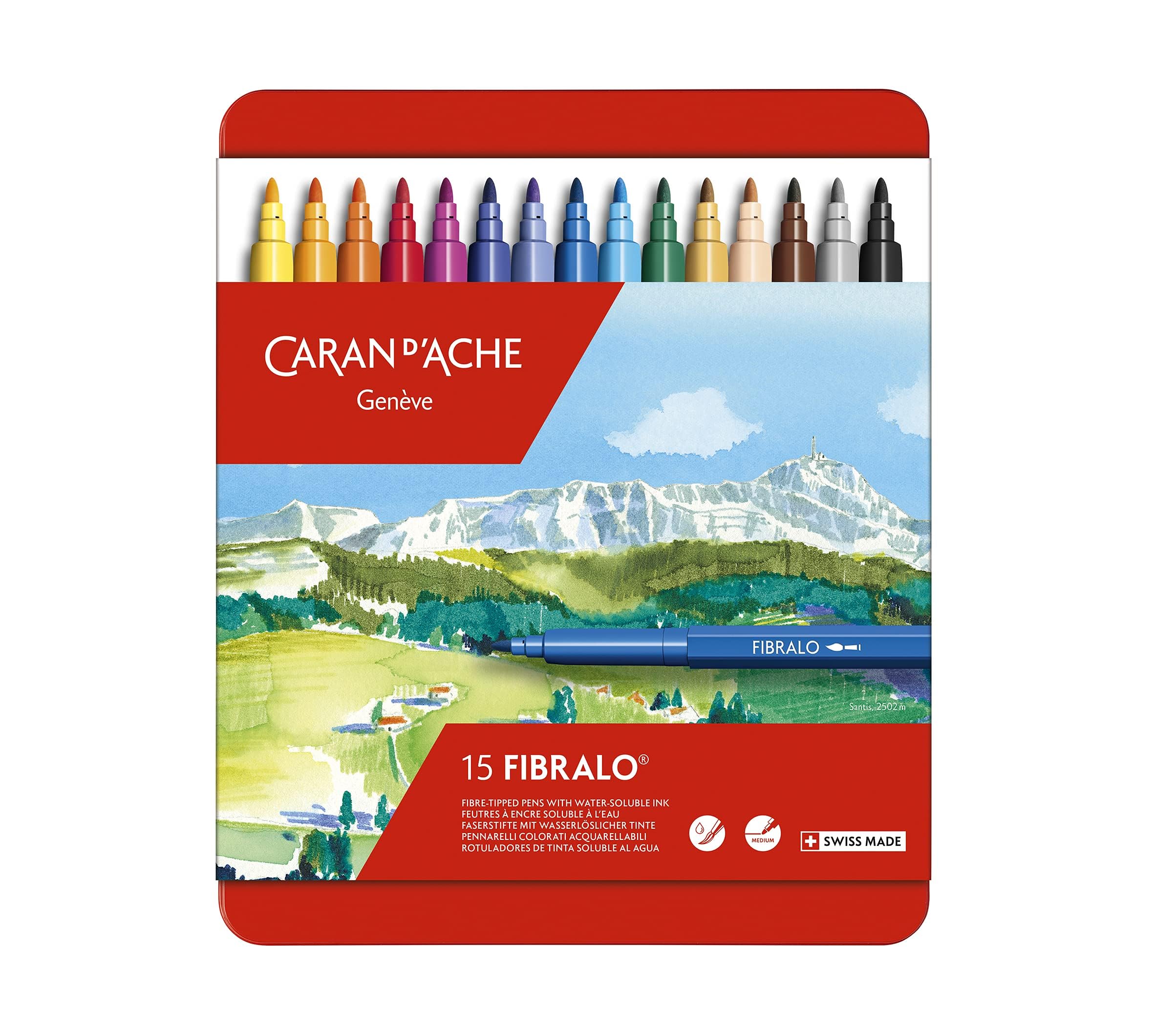 Caran D'ache Fibralo Fibre Pens in Metal Box (Pack of 15), Packaging May Vary