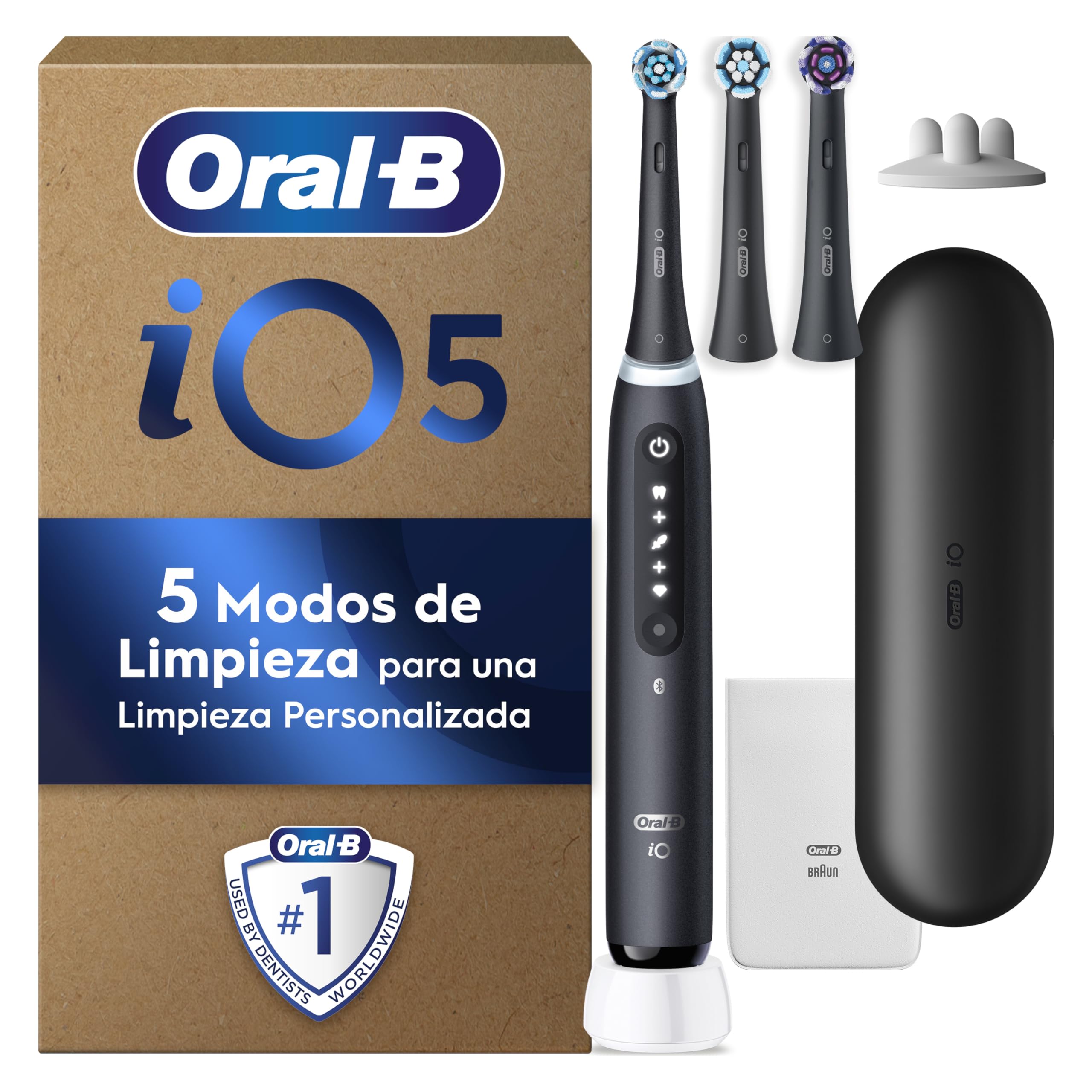 Oral-B iO 5 Cepillo De Dientes Eléctrico Negro Con 3 Cabezales y 1 Estuche De Viaje, 5 Modos De Cepillado Con Blanqueamiento Dental, Sensor De Presión, Diseñado Por Braun