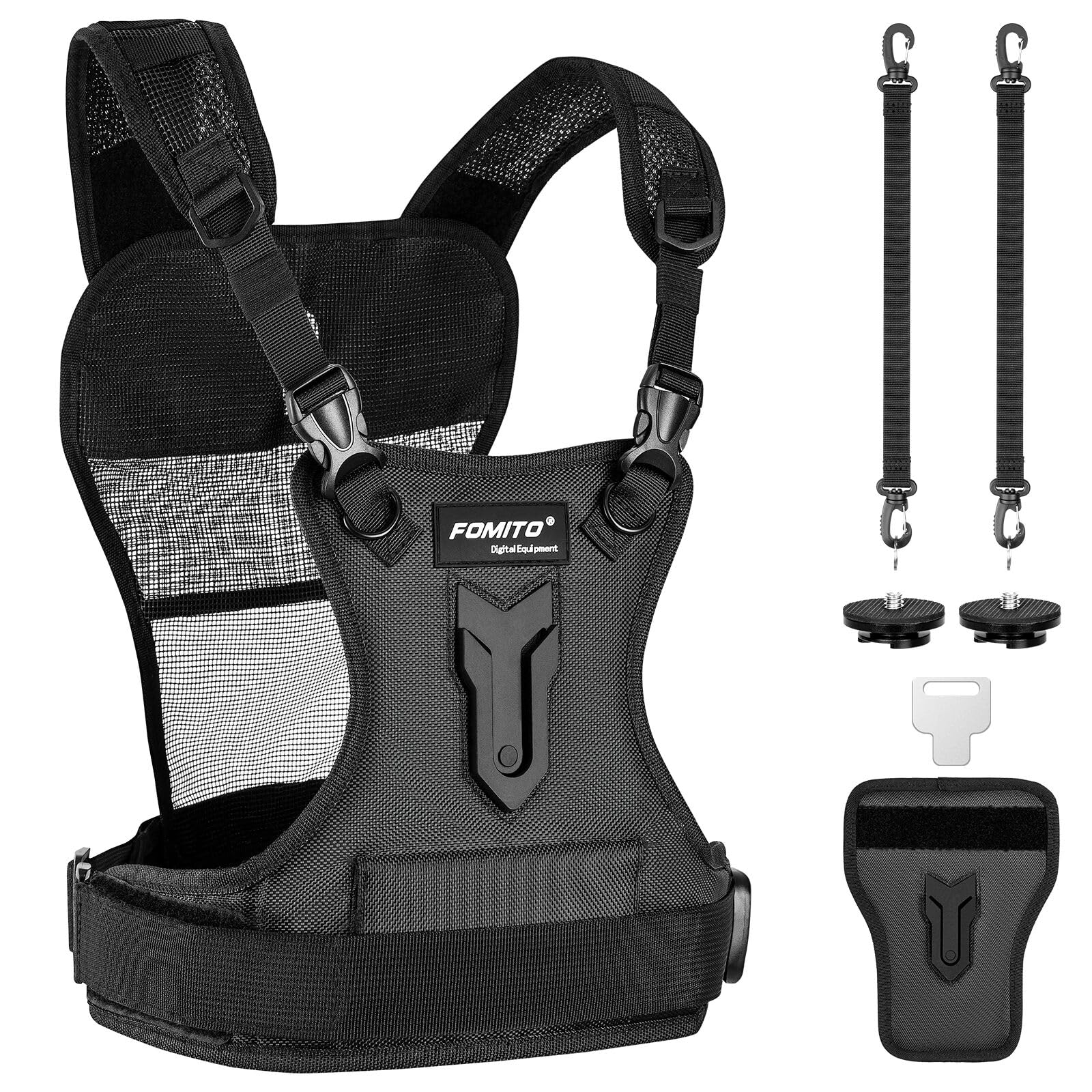 FOMITO Camera Chest Harness System, Multi-Camera Carrying Vest with Side Holster, Black, Compatible with Canon Nikon Sony Panasonic Olympus DSLR