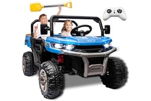 UXENAFANA 24V 2 Seater Kids Ride on Car Truck, Ride On UTV with 2x200W Motor Ride On Dump Truck, Ride On Car with Dump Bed/Shovel, Electric Vehicle with Durable Tires, LED Light, Music, Remote Control, Blue