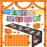 Dreamtop 86 Pcs Day of the Dead Decorations Set Halloween Party Altar Decor | Mexican Fiesta Papel Picado Banner, Skull Table Runner, Artificial Marigold Flowers Garlands Butterfly for Día de los Muertos
