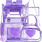 ZLYERT 17" Sequin Clear Backpack for Girls - 3Pcs Sparkle Flip Design Stadium Approved Set, Waterproof Campus/School Transparent Bookbag (Purple)