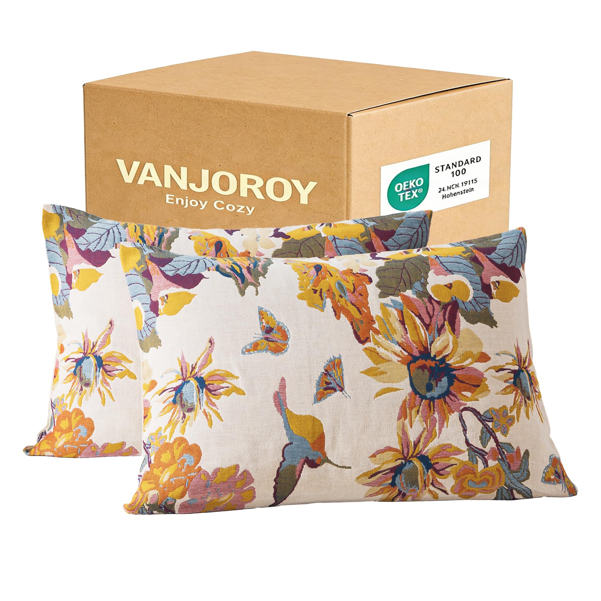 Photo 1 of VANJOROY 100% Organic Washed Cotton Queen Pillowcases for Skin-Friendly Set of 2-1000 Thread Thick Count 20x30 Inches Luxury Boho Pillow Cases, Muslin Bird Floral Pattern Pillow Cover -Beige