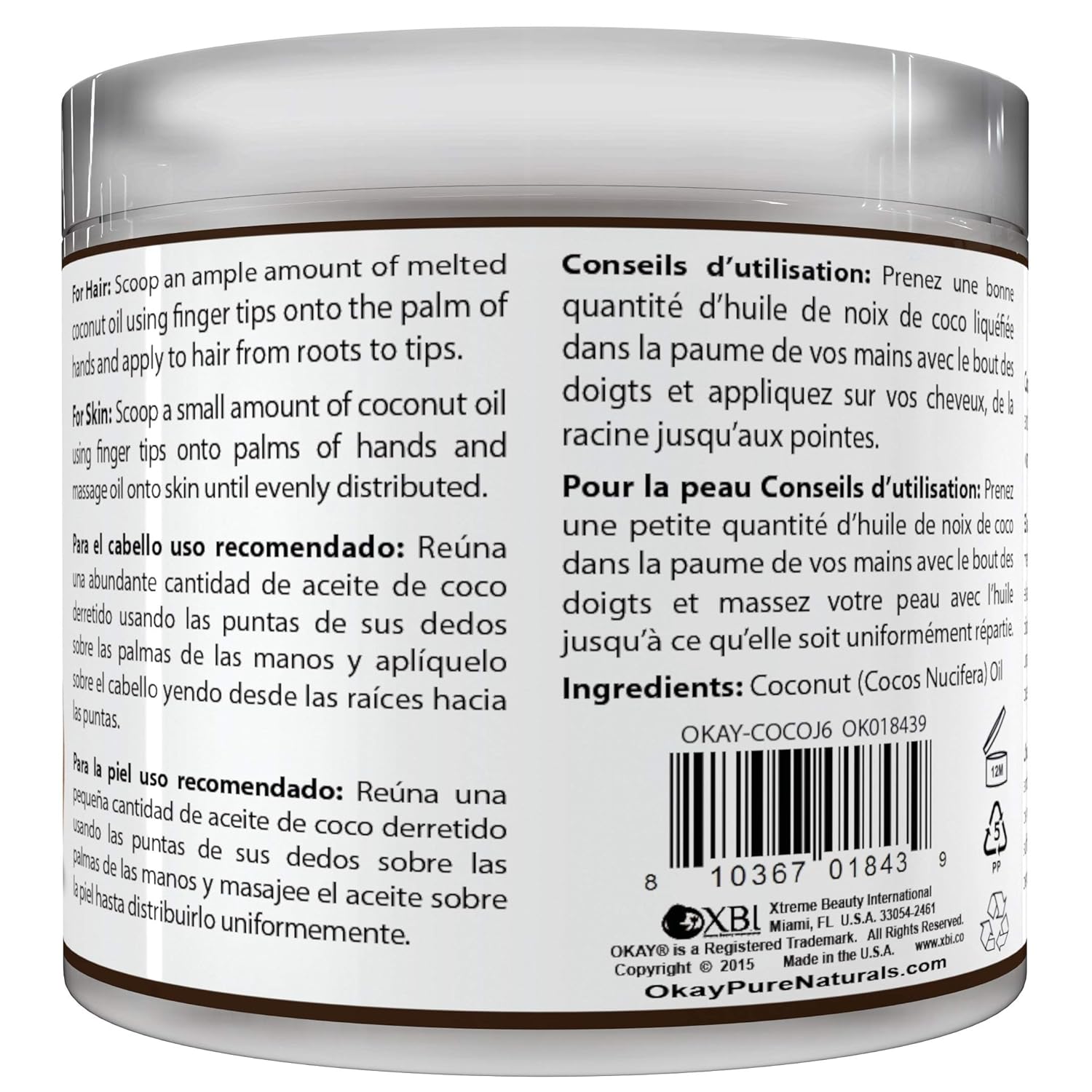 OKAY | 100% Pure Coconut Oil | For All Hair Textures & Skin Types | Moisturize - Massage - Condition | Excellent Source of Vitamin E | All Natural | 6 Oz : Beauty
