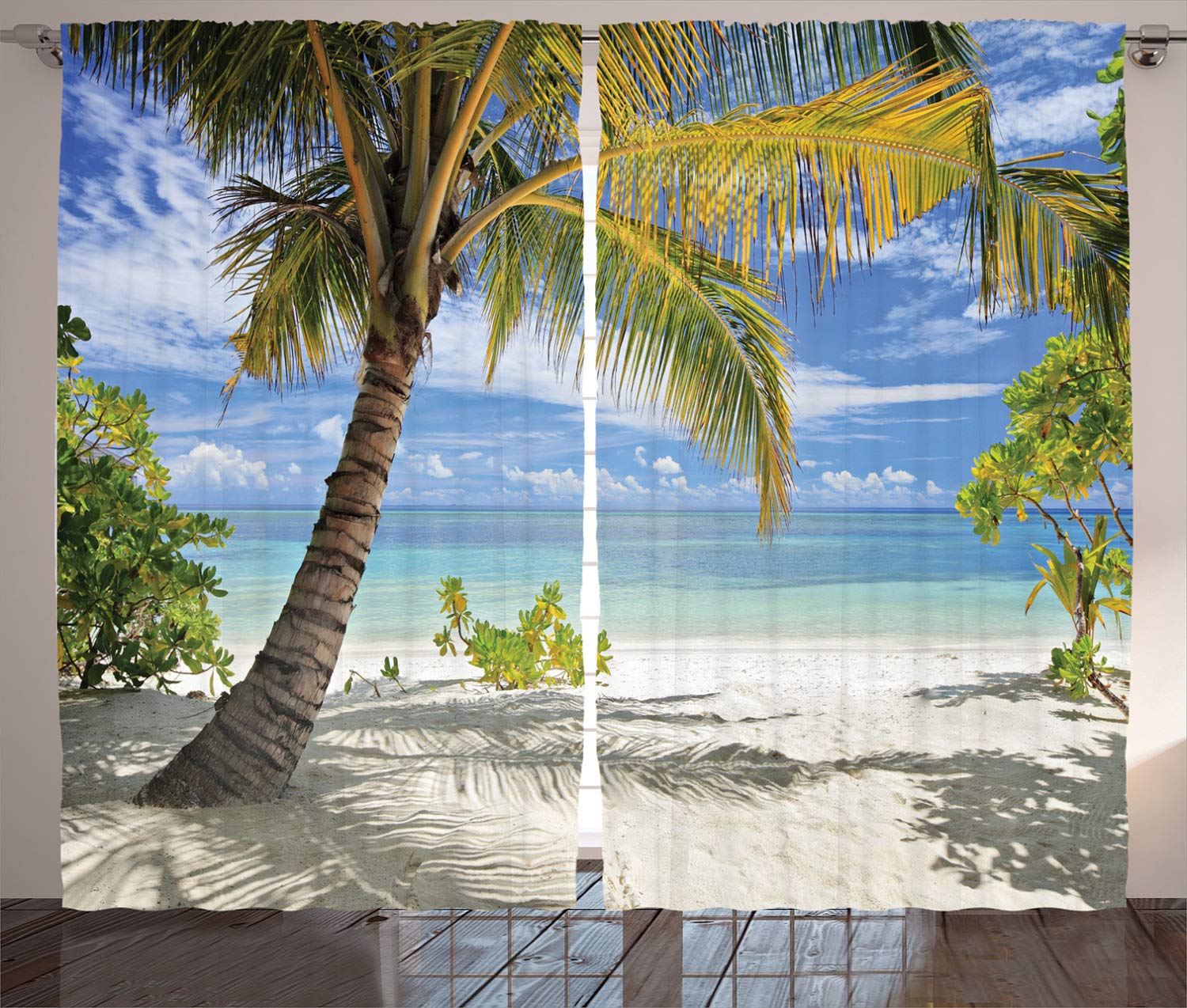 ABAKUHAUS Palm Tree Curtains, Tropical Sandy Beach with Palm Trees Maldives Coastline Peaceful Theme, Living Room Bedroom Window Drapes 2 Panel Set, 280 x 175 cm, Coconut Blue