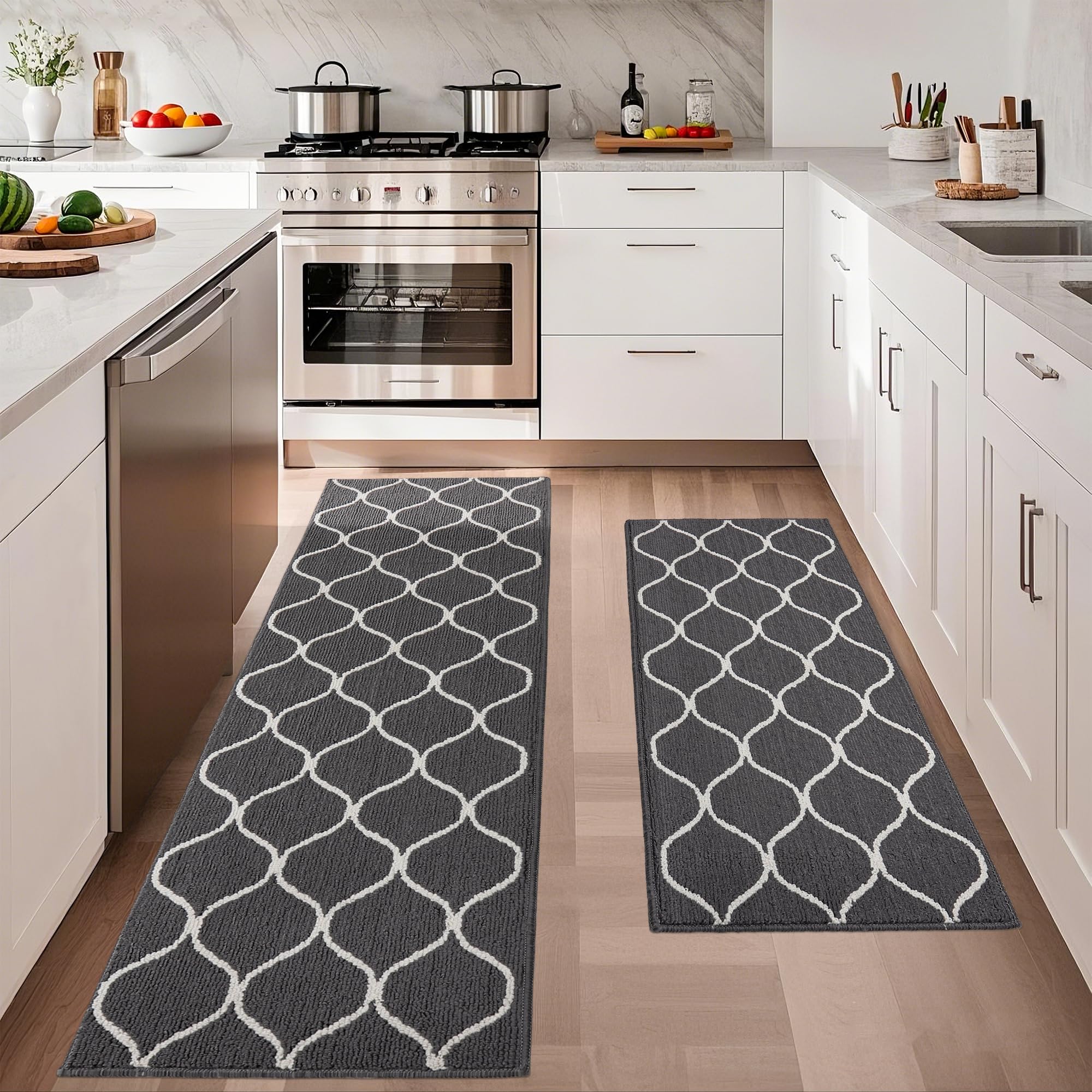 Photo 1 of COSY HOMEER 2PCS 23.6x47 Inch 23.6x71.2 Inch Kitchen Rug Mat Set, Soft Absorbent Runner Rugs for Kitchen Front of Sink, Non Slip Washable Kitchen Mat for Floor, Grey