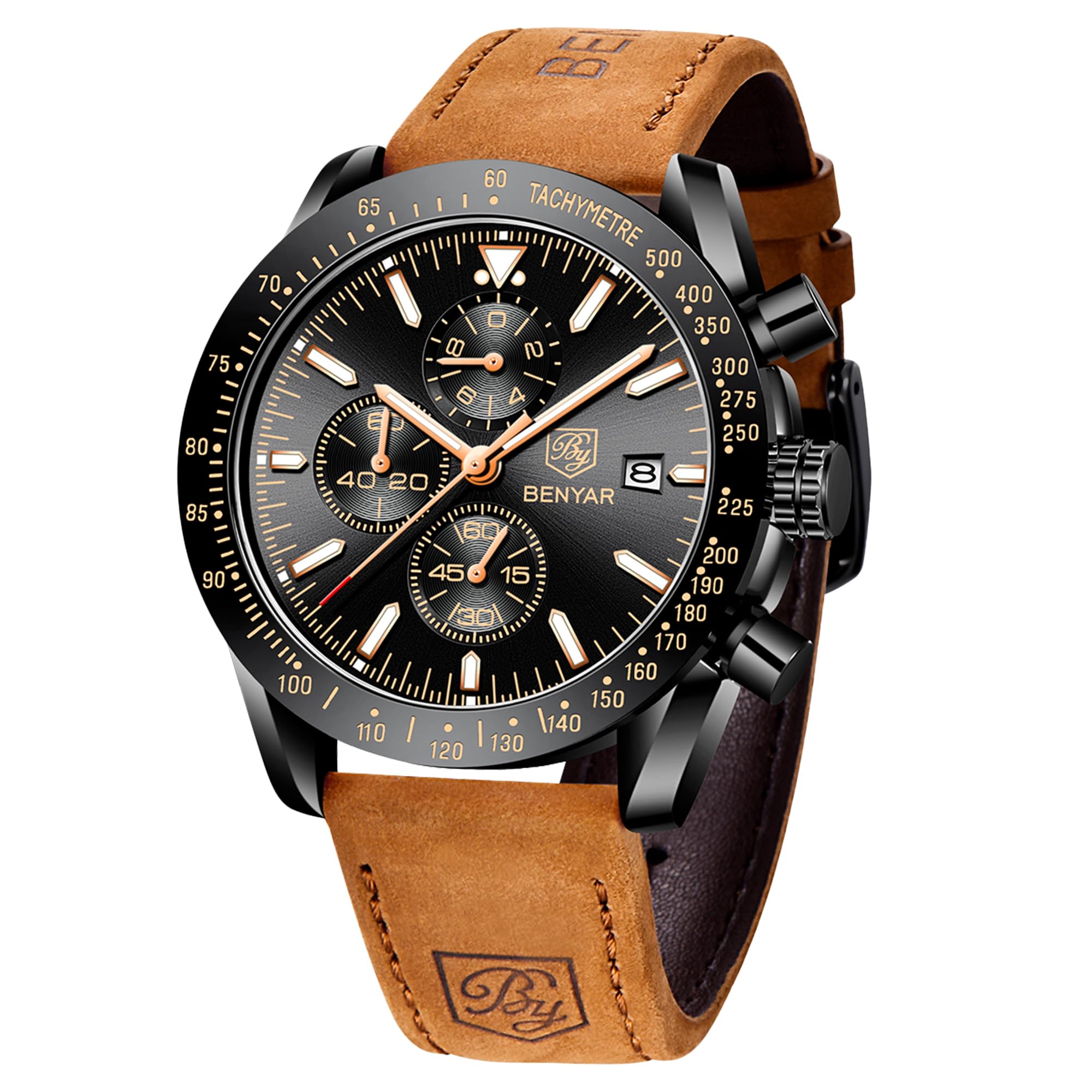 BENYAR Mens Watches Analog Quartz Chronograph Waterproof Luminous Watch for Men Business Work Sport Casual Brown Leather Band Dress Men's Wrist Watches Elegant Gifts for Men