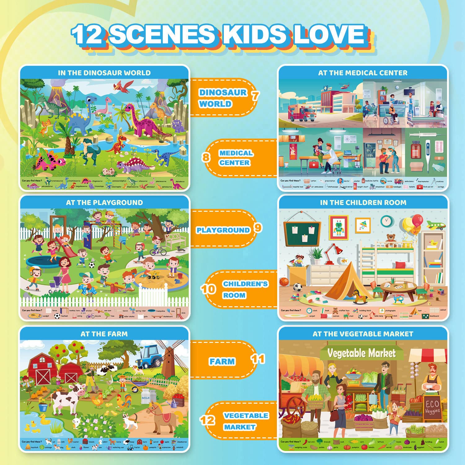 Reusable Preschool Learning Activities, Search and Find Cards with 4 Markers and 12 Themes Mats, Educational Toys for Kids Ages 4-6,3-8, Travel Games Gifts for Girls and Boys Ages 3 4 5 6