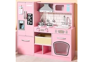 LALALARK Play Kitchen Set for Toddlers, Wooden Toy Playset with Real Lights & Sounds, Double-Door Fridge, Ice Maker & Cookware Accessories, Pretend Play Kitchen Set for Kids, Gift for Ages 3+
