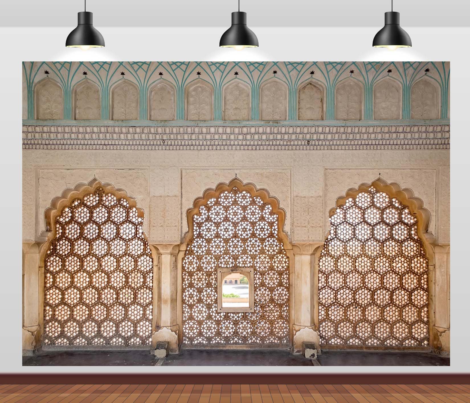 Photo 1 of BELECO 10x8ft Fabric Indian Palace Backdrop Delicately Carved Stone, Latticed Screen Amber Palace Background Indian Theme Party Decorations Kids Adults Portrait Photoshoot Studio Props