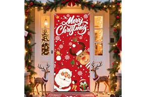REDWORD Christmas Door Cover, 79x35Inch Santa Claus Elk Christmas Door Decorations Reusable Merry Christmas Front Door Banner Backdrop Outdoor Sign for Xmas Home Office Wall Doors Party Decorations ﻿