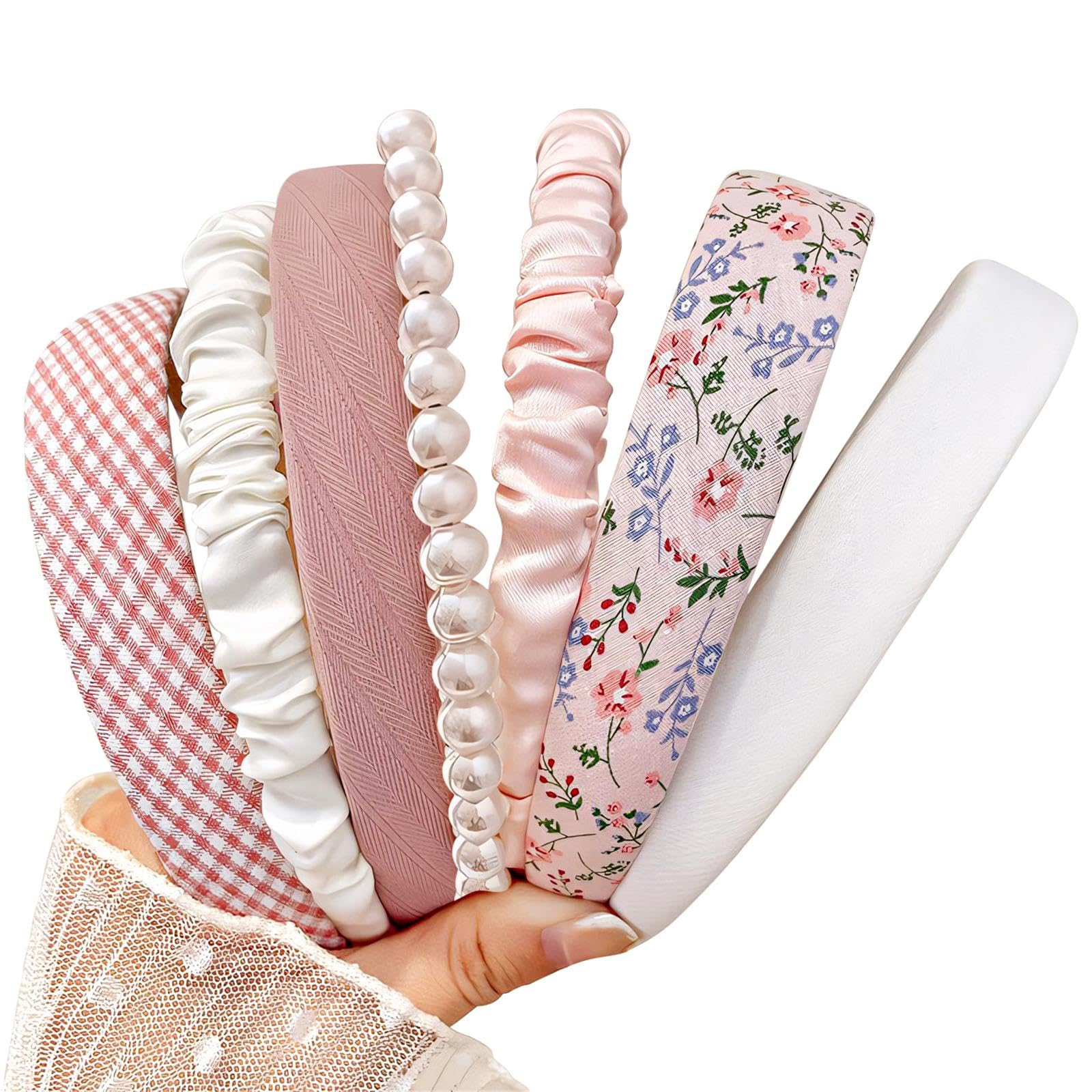 Fashion Headbands for Women Girls Headbands Set, 7pcs Pearl Headband Floral Headbands Padded Headband for Women Vintage Wide Hair Band (Pink) — image 1