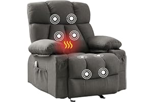 JONPONY Massage Rocker Recliner Chair with Heat and Vibration Ergonomic Rocking Lounge Chair for Living Room Comfy Overstuffed Recliner with 4 Side Pockets,2 Cup Holders, USB Charge Port, Grey