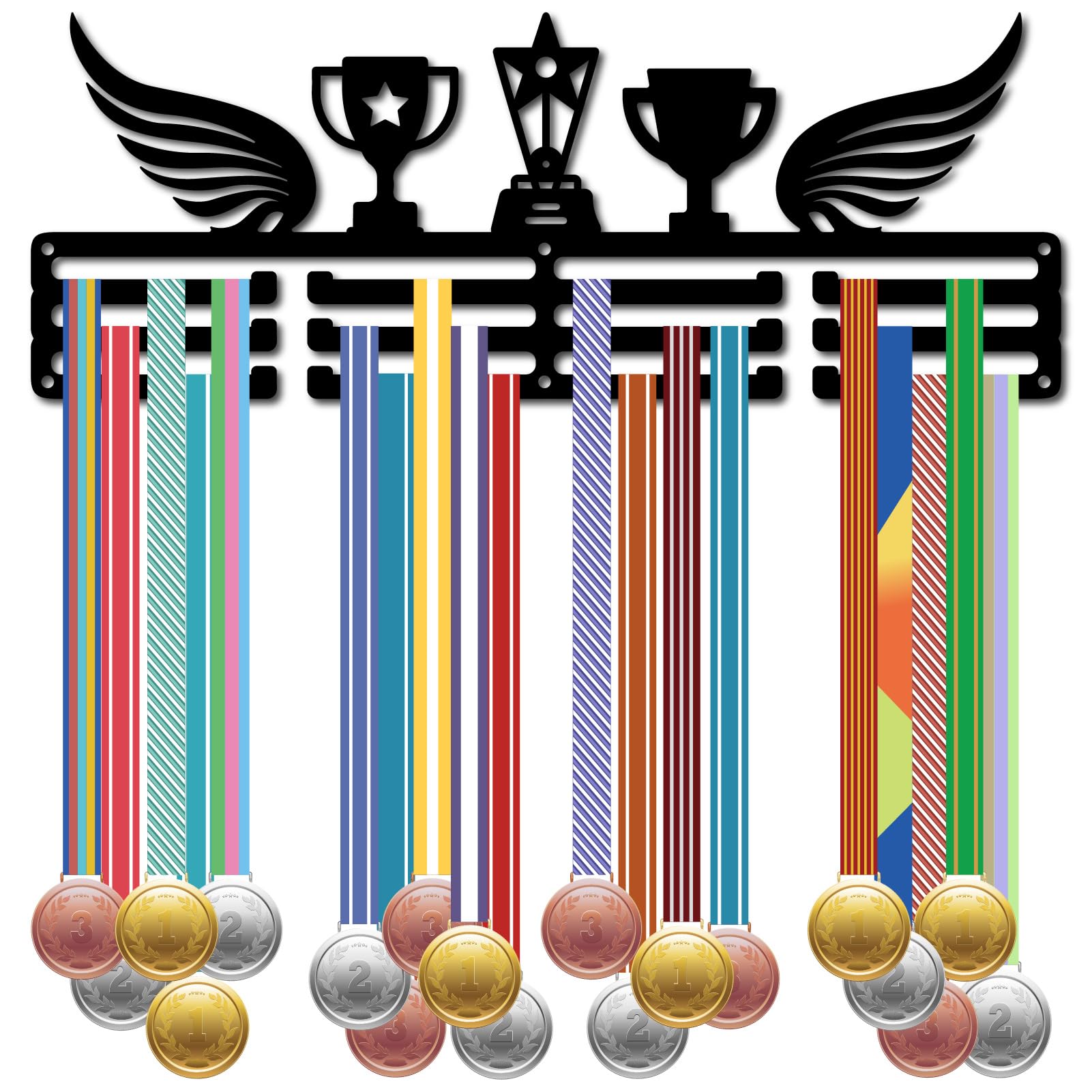 CREATCABIN Trophy Medal Hanger Sports Medal Holder Display Award Ribbons Organizer Running Basketball Metal Black Rack Wall Hanging 60+ Medals for Sport Race Gifts Soccer Players Athletes 15.7x5.9Inch