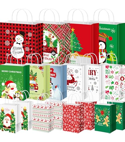 24 Pcs Christmas Kraft Gift Bags With Assorted Christmas Prints Fo...