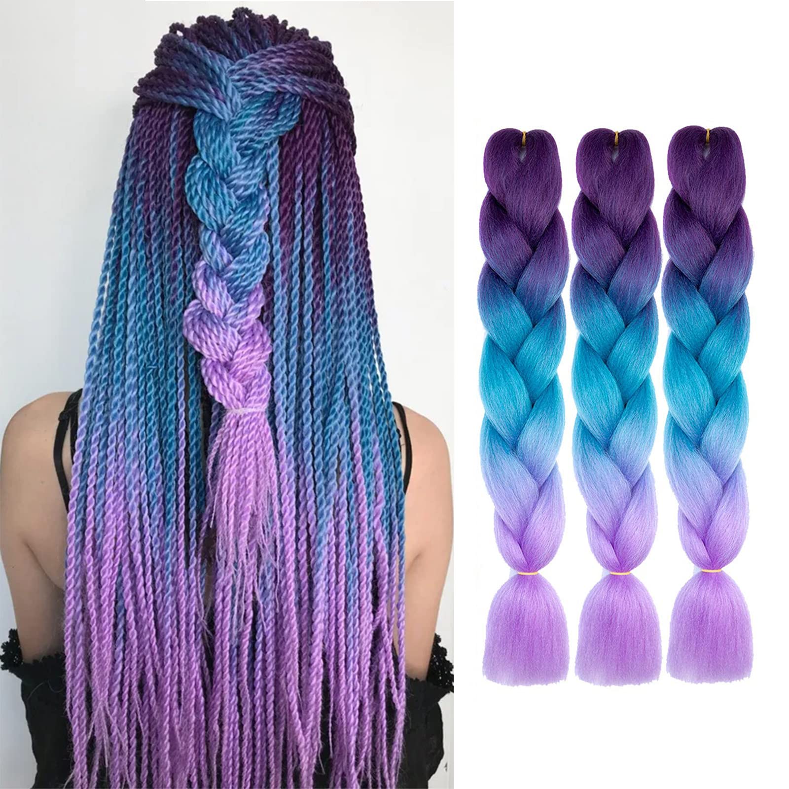 WoWCFyyds Braiding Hair Kanekalon 3 Packs Ombre Jumbo Braiding Hair 24 inch Professional Hair Extension For Women Crochet Twist Braids Synthetic Hair(Purple-Lake Blue-Light Purple ) — image 1