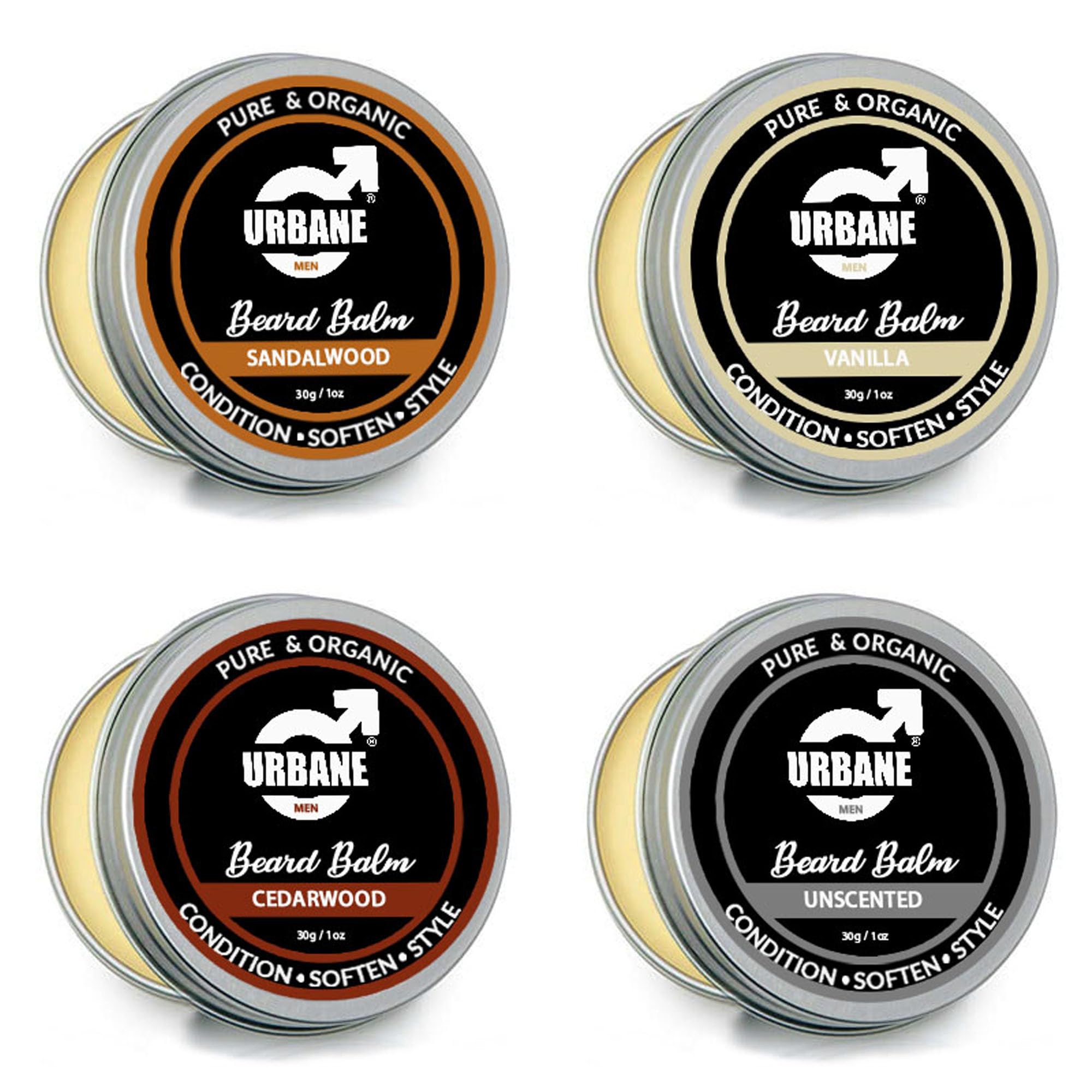 Urbane Men Beard Balm Pack of 4 – Premium Beard Kit with Sandalwood, Vanilla, Cedarwood, Unscented Essential Oils – Moisturising Beard Conditioner