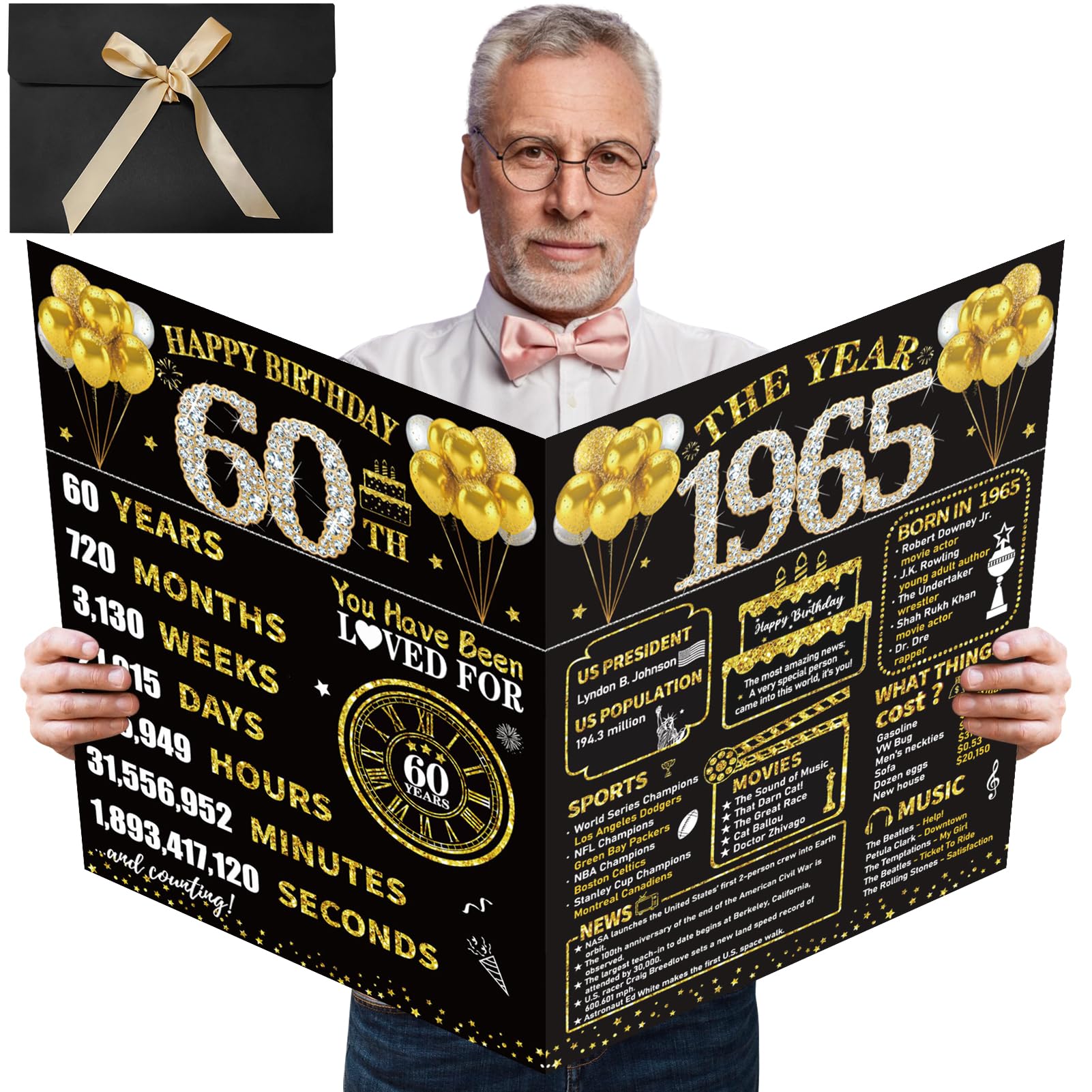 Photo 1 of Kuxriox Large 60th Birthday Card With Envelope, Black Gold Happy 60th Birthday Giant Guest Book Gifts for Men Women, Giant Sixty Bday Card Gifts Party Supplies, The Year 1965 Jumbo 60 Bday Card