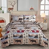Rustic Quilt Queen/Full Size, Lodge Cabin Bedding Set Moose Bear Bedspread Coverlet Stitched Bedcover Wildlife Printed Bed Set Woodland Patchwork Plaid Quilted Bed Cover Country Decor(90"x 90")