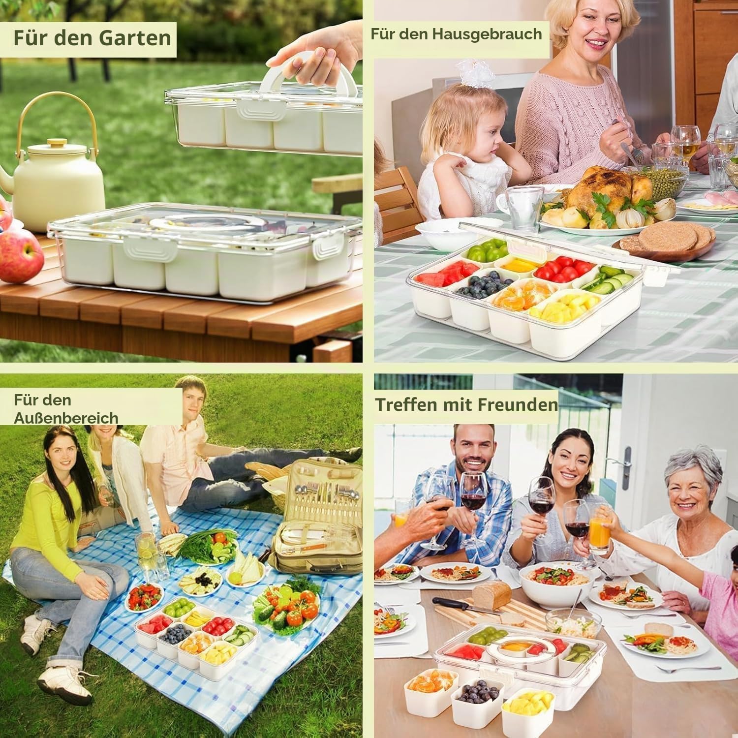 JNYLYFC Snackbox mit 8 Fächern, Snackschale mit Deckel und Griff, Snackteller mit Herausnehmbare Fächer für Süßigkeiten Obst Keksen Dessert Gemüse Nüsse, Snacktablett Organizer für Party Picknick Trip 6