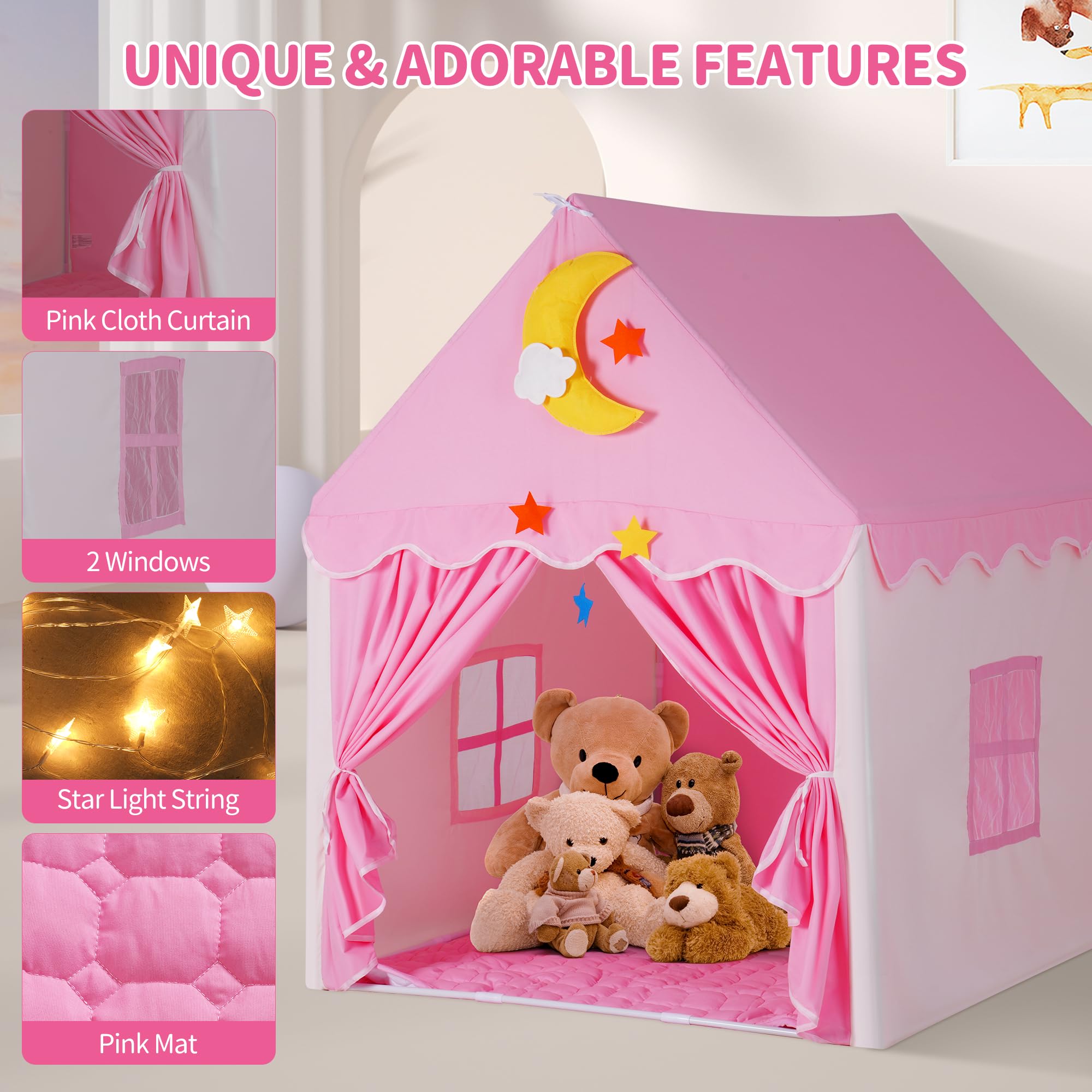 Kids Tent with Mat, Toddler Playhouse Girls Princess Castle Play Tent with Star Lights Toys for Children Indoor and Outdoor Games (Pink)