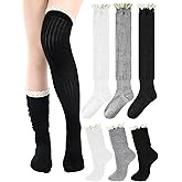 Fourluoo 3 Pairs Women Cotton Knit Boot Socks Knee High Stockings with Lace Trim Slouch Stacked Scrunch Socks Free size