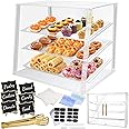3 Tray Acrylic Bakery Display Case Countertop with Magnetic Rear Doors Access, Removable Trays & Gold Accents, Acrylic Pastry Display Case for Desserts, Cookies, Bread & Baked Goods (21"x16"x17")