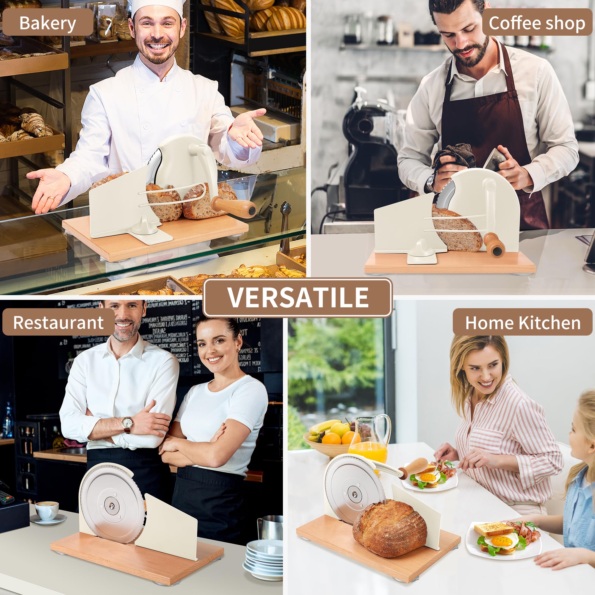 CAWIU Upgraded Manual Bread Slicer for Homemade Sourdough, Adjustable Thickness Hand Crank Bread Cutter with Stainless Steel Blade, Slicing Guide, Suction Cups & Protective Cover (Cream)