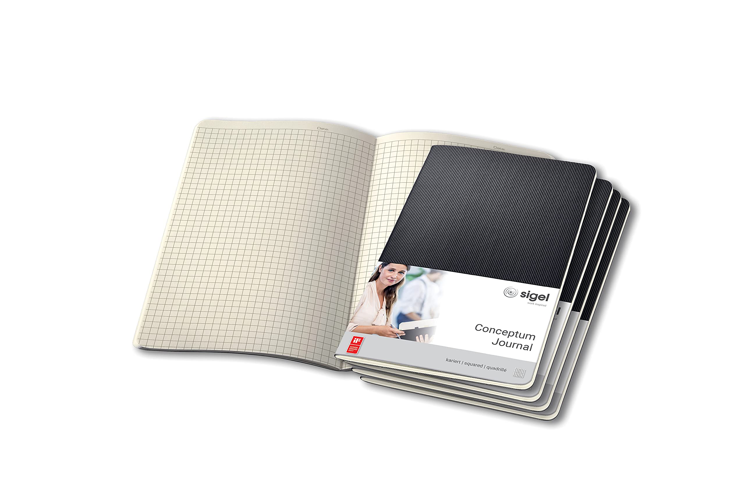 SIGEL CO862 Pack of 5 Journals, approx. A5 (13.5 x 21 cm), squaRed, softcover, Black - Conceptum