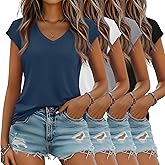 Locoowai 4 Pack Women's V Neck T Shirts Cap Sleeve Tops Trendy Short Sleeve Basic Tees Summer Casual Fashion Clothes