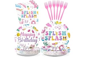 Grencian 96Pcs Pool Party Decorations Pink Flamingo Pool Plates and Napkins Tableware Sets Summer Splish Splash Birthday Decorations for Boys Girls Baby Shower Beach Party Supplies Serves 24
