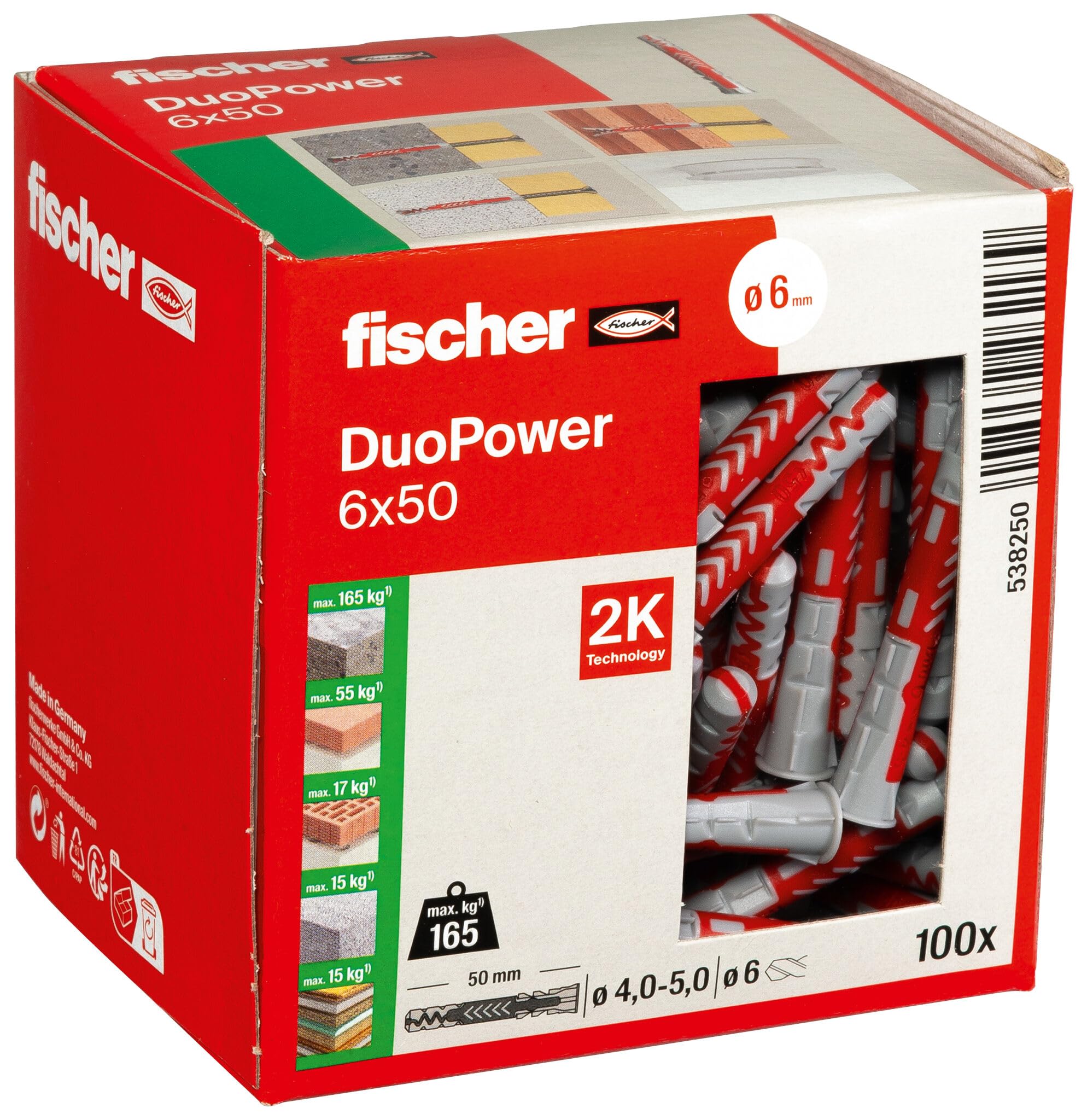 fischer DuoPower 6 x 50, Universaldübel, leistungsstarker 2-Komponenten-Dübel, Kunststoffdübel zur Befestigung in Beton, Ziegeln, Stein, Gipskarton uvm., ohne Schrauben, 100 Stück