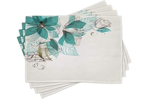 Ambesonne Turquoise Place Mats Set of 4, Flowers Buds Leaf at The top Left Corner Season Celebrating Theme, Washable Fabric Placemats for Dining Table, Standard Size, Brown Teal