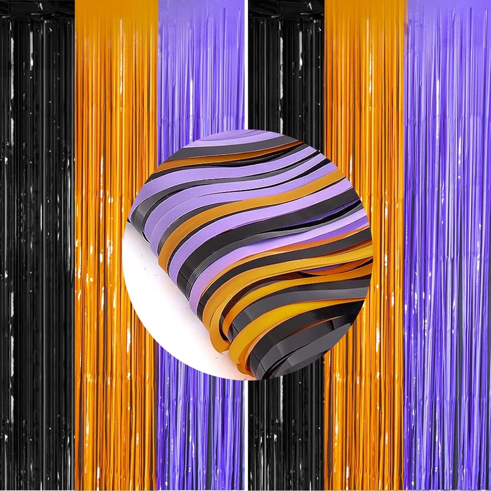 Photo 1 of 2 Packs 3.3ft x 6.6ft Orange Purple Black Metallic Tinsel Foil Fringe Curtains Photo Booth Props for Halloween Birthday Bridal Shower Baby Shower Bachelorette Holiday Celebration Party Decorations