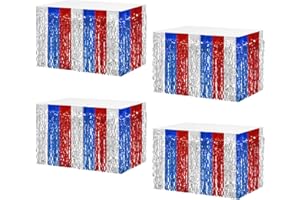 MZJU 4P Wavy Metallic Tinsel Foil Fringe Table Skirts for Rectangle Tables Backdrop Garland Curtains for Parade Floats Wedding Birthday Parties Decoration Graduation 2025 Christmas (Red Blue White)