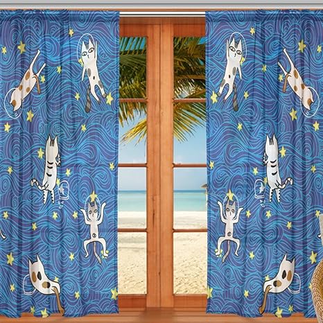 Amazon マキク Makiku ミラーレースカーテン 遮光 断熱 遮熱 かわいい 猫柄 ブルー 白猫 レースカーテン ドアカーテン おしゃれ Uvカット 薄手 目隠し 幅140cm 丈0cm 2枚組 レースカーテン オンライン通販